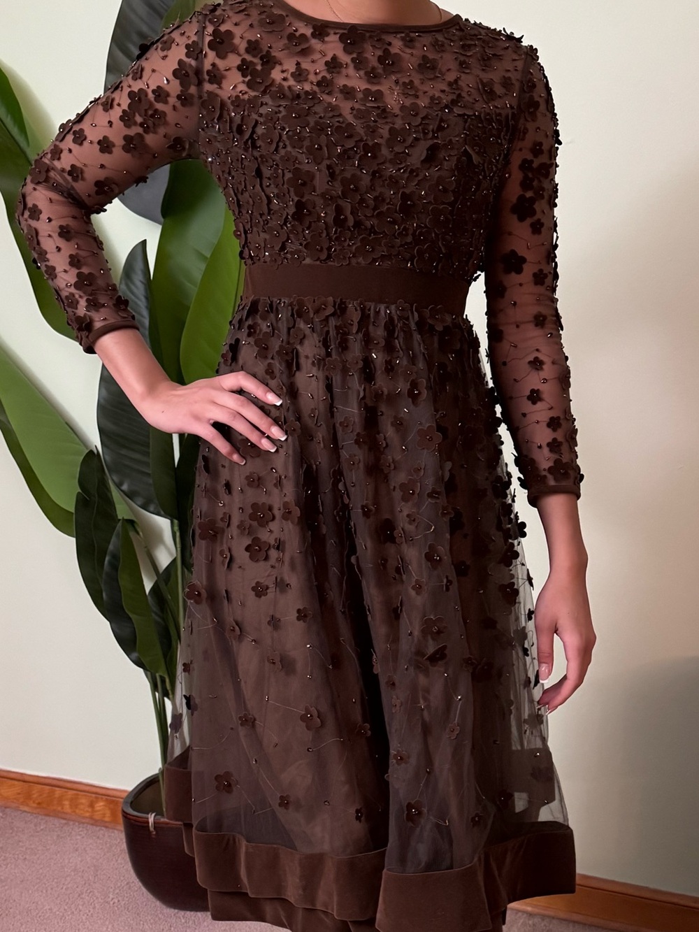 Mac Duggal Brown Embellished Velvet Trim A-Line Midi Dress | Size 2 | NWOT - Picture 10 of 14